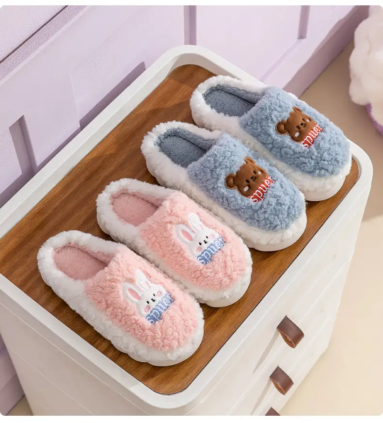 Slip-on cartoon cotton slippers women's autumn and winter indoor home woolen slippers warm lightweight home couple confinement shoes — feature 24
