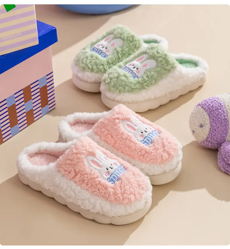 Slip-on cartoon cotton slippers women's autumn and winter indoor home woolen slippers warm lightweight home couple confinement shoes — feature 25