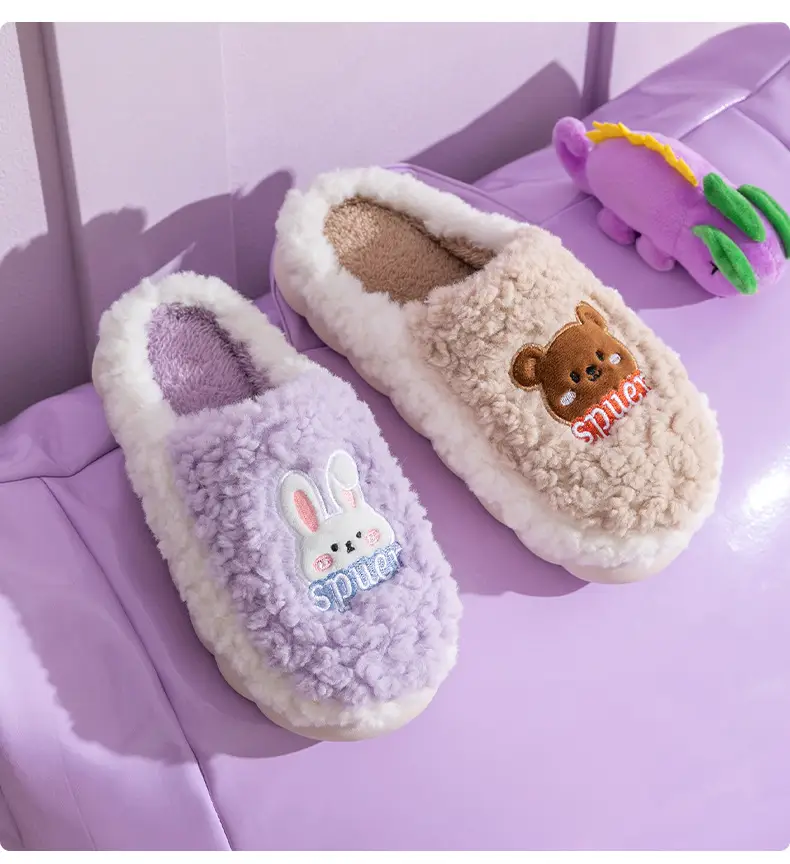 Slip-on cartoon cotton slippers women's autumn and winter indoor home woolen slippers warm lightweight home couple confinement shoes — feature 26