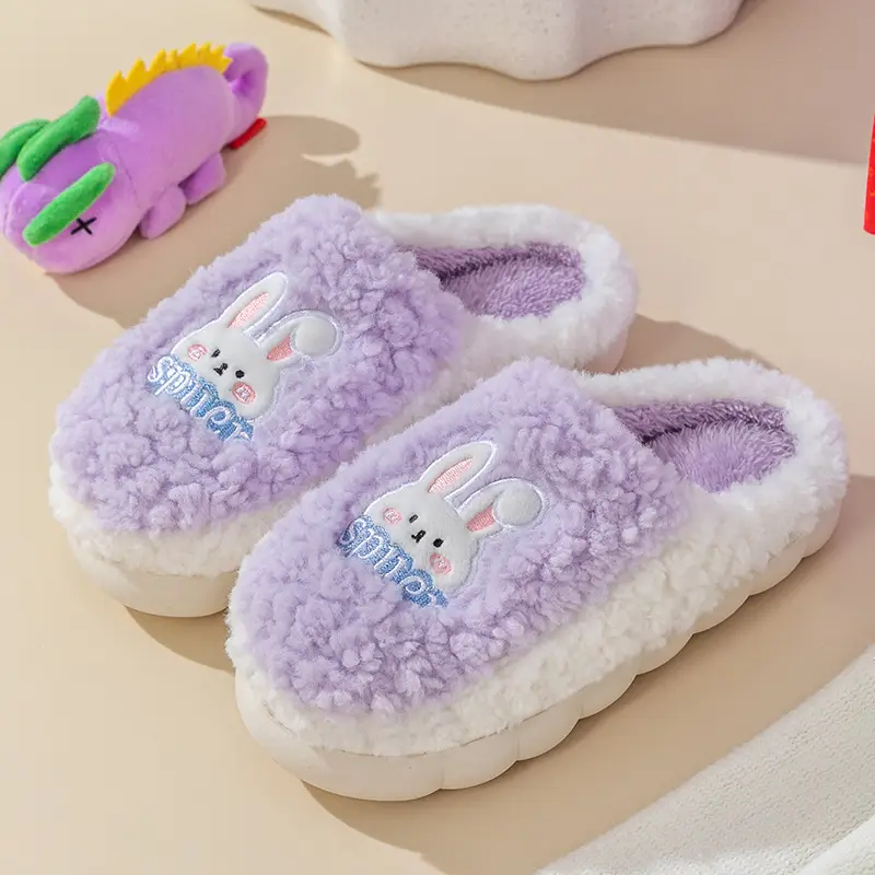 Slip-on cartoon cotton slippers women's autumn and winter indoor home woolen slippers warm lightweight home couple confinement shoes - Image 2