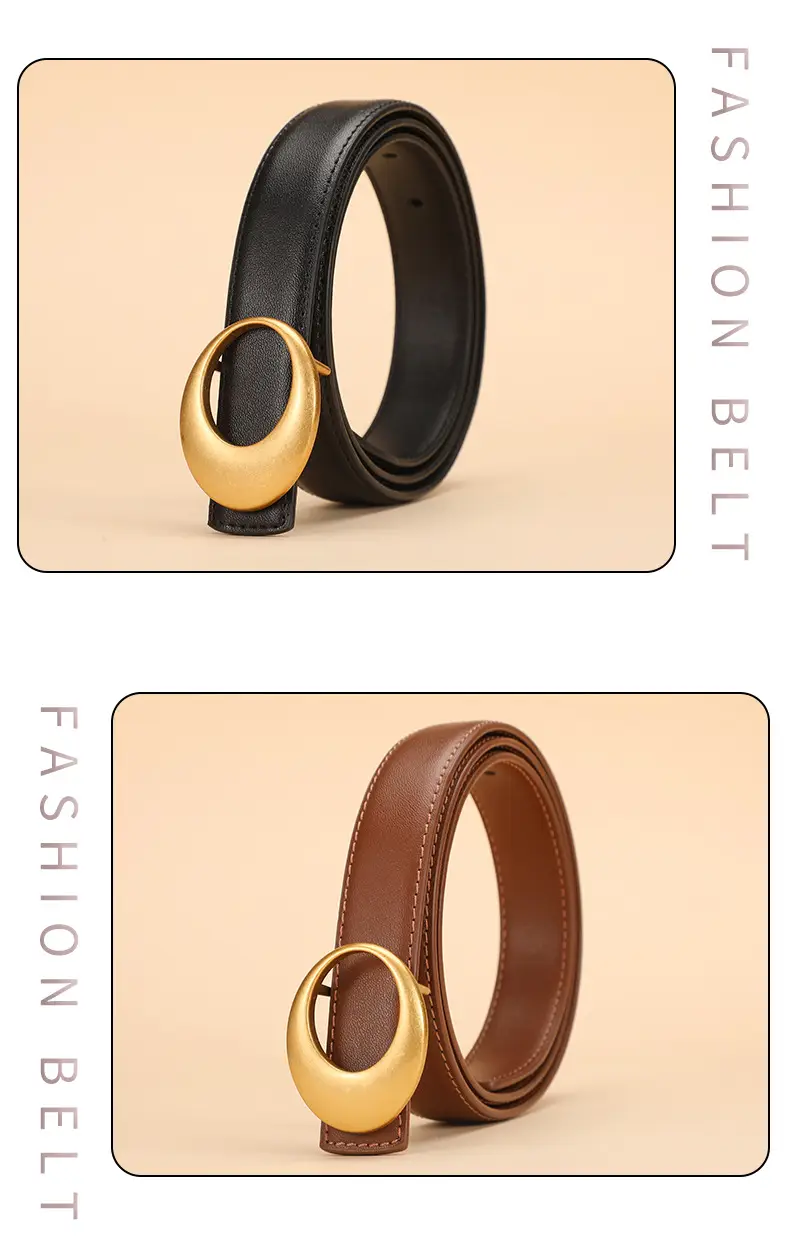 Women's Brown Leather Belt with Gold Buckle — feature 10