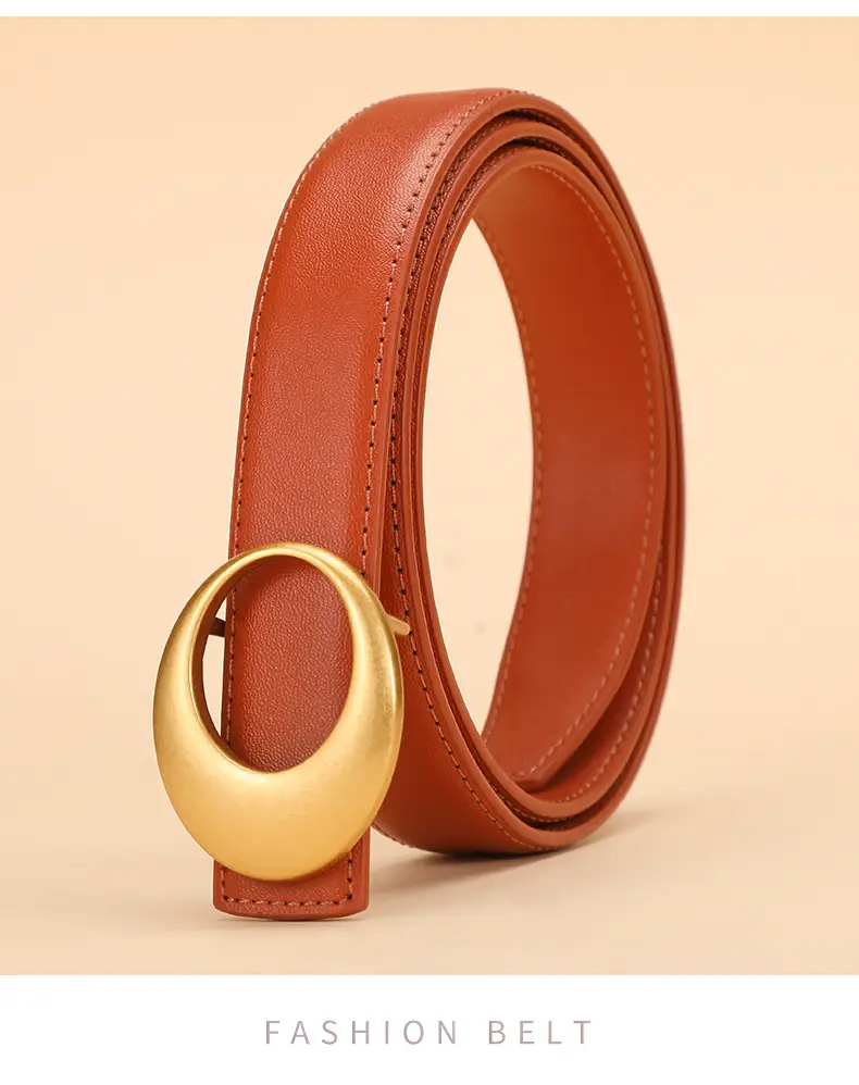 Women's Brown Leather Belt with Gold Buckle — feature 19