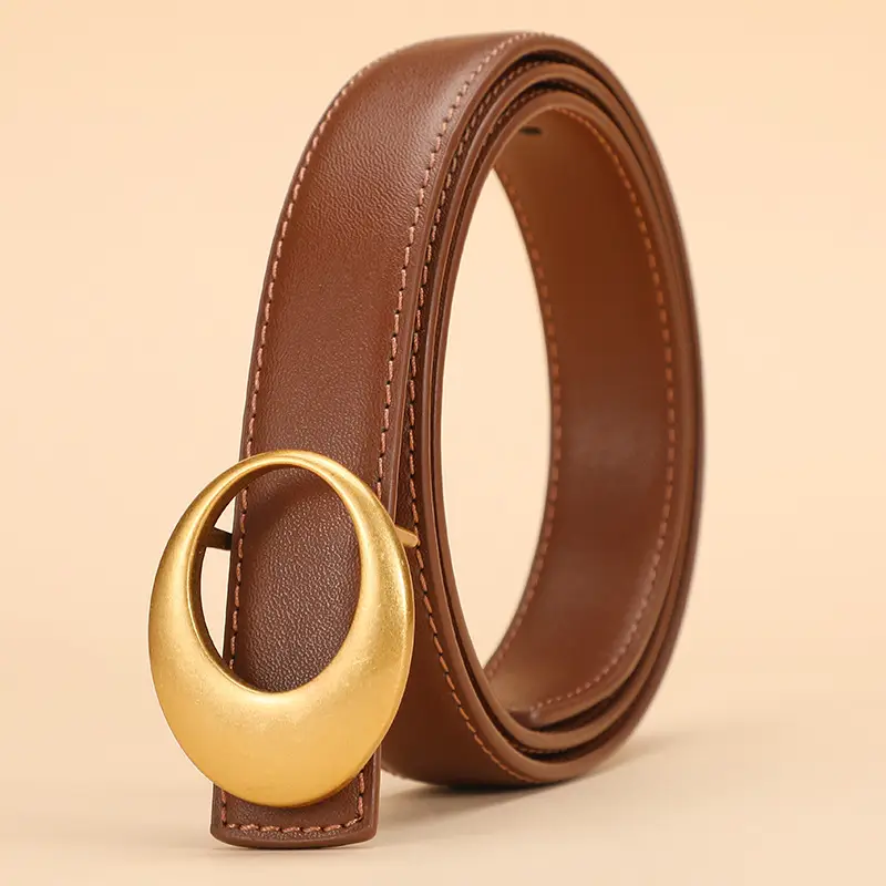 Women's Brown Leather Belt with Gold Buckle - Image 2