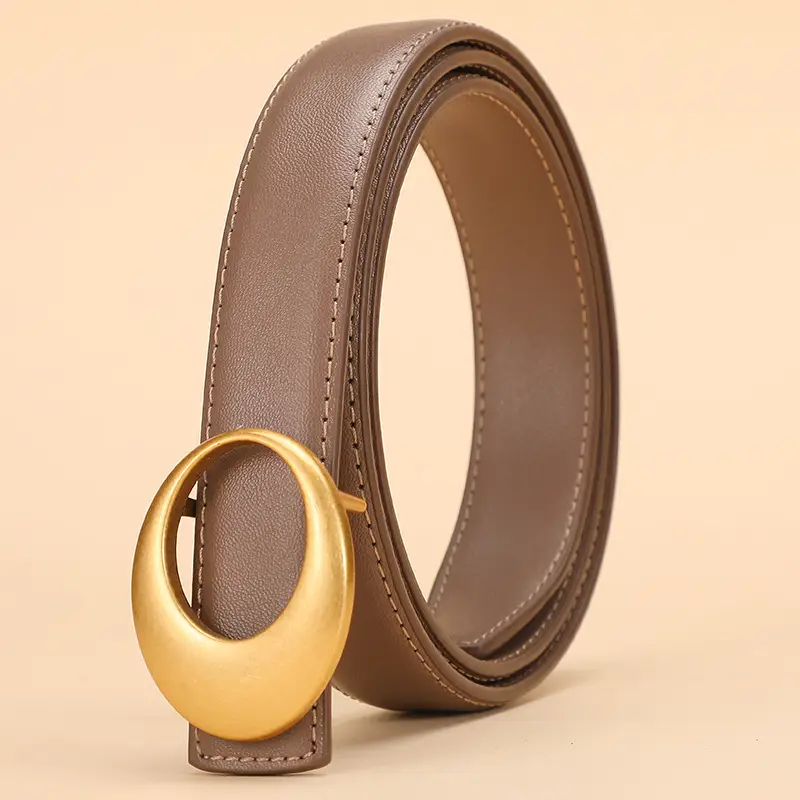 Women's Brown Leather Belt with Gold Buckle - Image 3