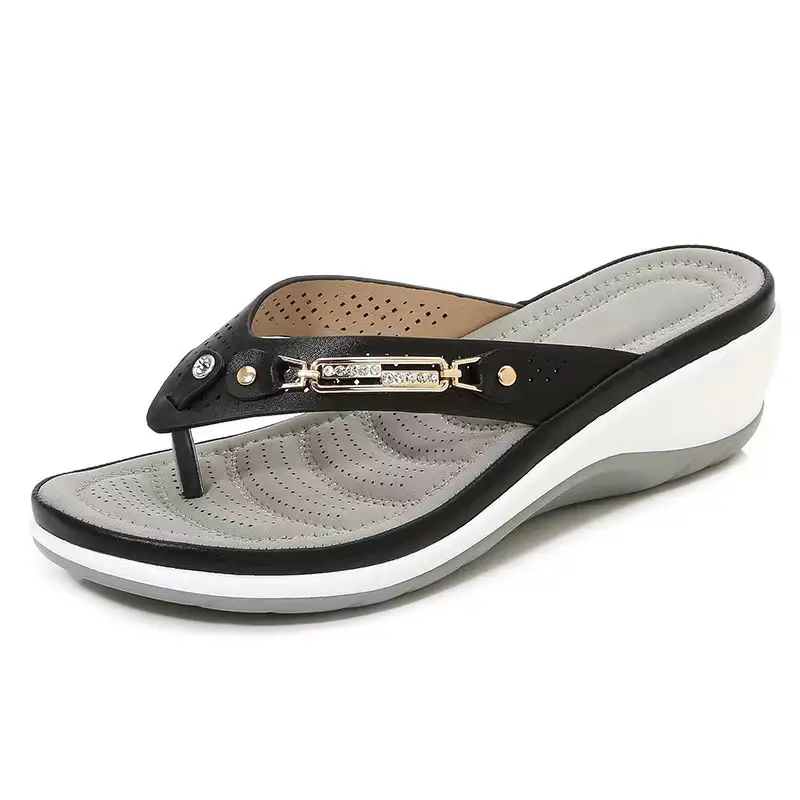 Women's Black White Wedge Sandals with Gold Buckle