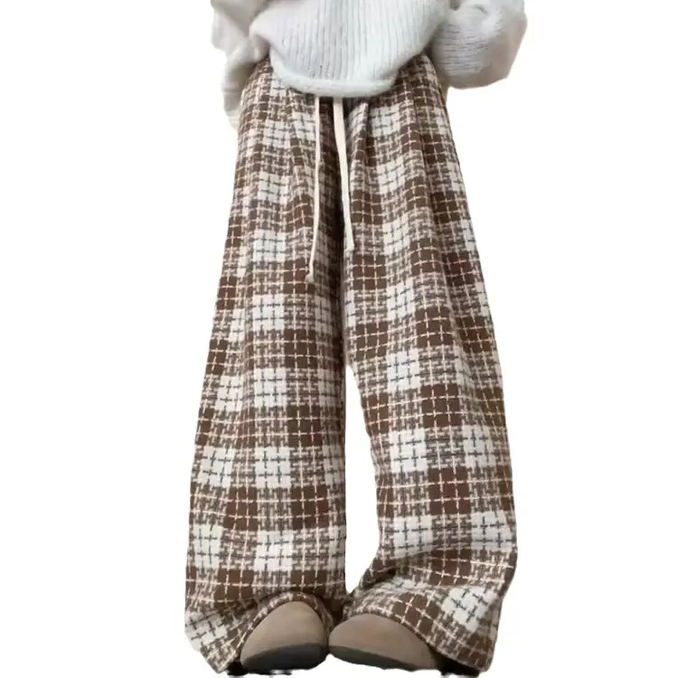 Women's Brown Plaid Wide-leg Casual Pants - Image 6