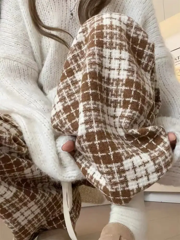 Women's Brown Plaid Wide-leg Casual Pants — feature 7