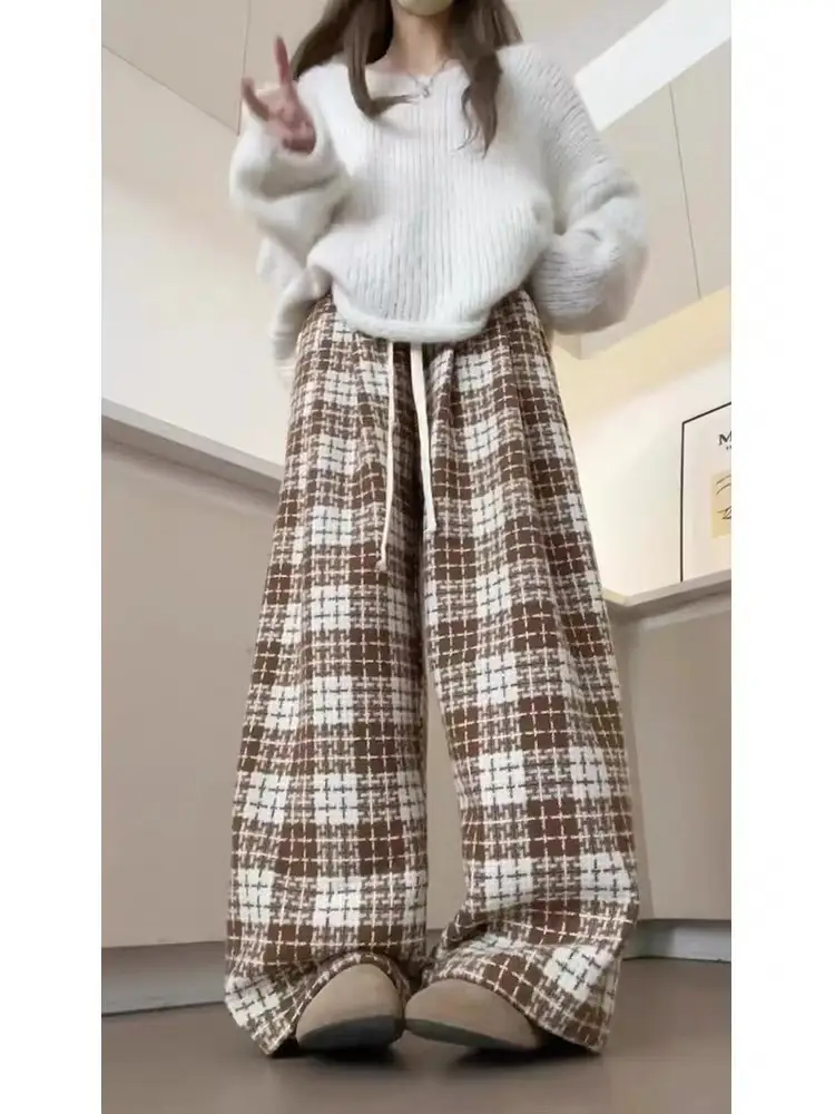 Women's Brown Plaid Wide-leg Casual Pants — feature 9