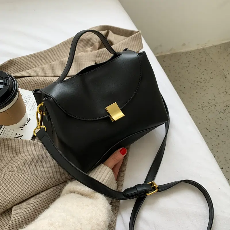 Black Women's Shoulder Messenger Bag with Gold Clasp - Image 2
