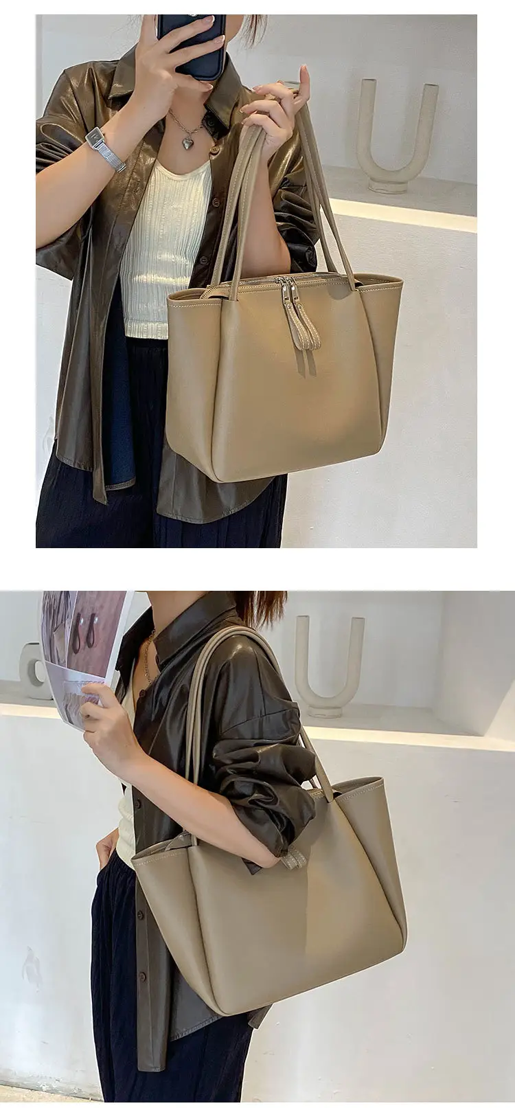 Black Women's Large Tote Bag with Tassel Zip — feature 11