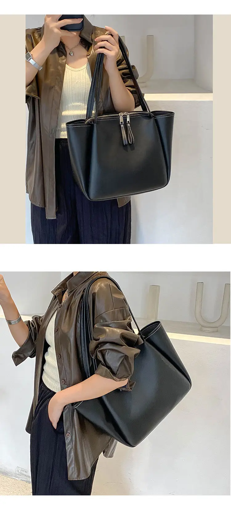 Black Women's Large Tote Bag with Tassel Zip — feature 7