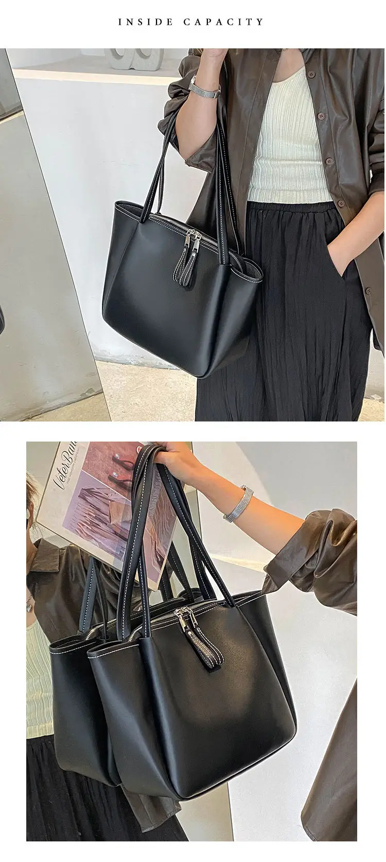 Black Women's Large Tote Bag with Tassel Zip — feature 8
