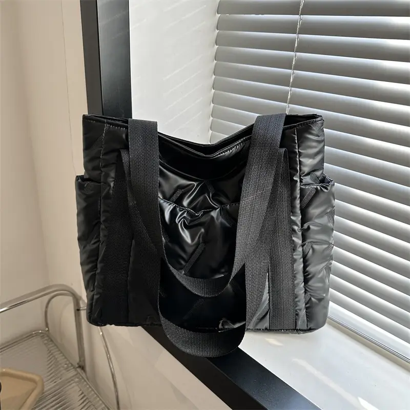 Women's Winter Padded Shoulder Bag Black Large Capacity - Image 7