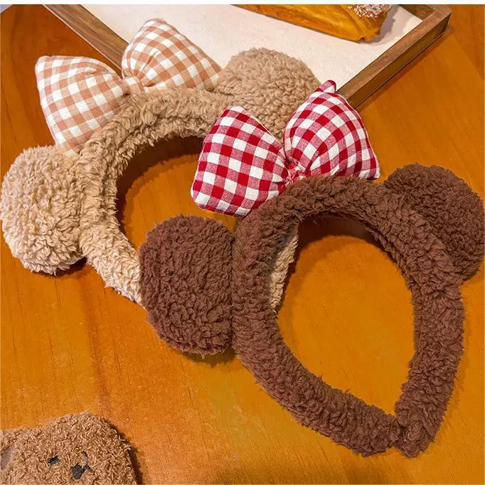 Plush Plaid Bow Bear Headband for Girls