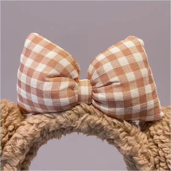 Plush Plaid Bow Bear Headband for Girls