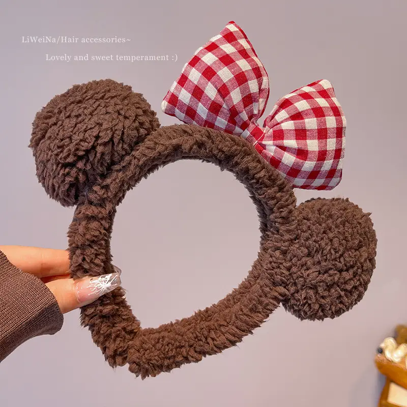 Plush Plaid Bow Bear Headband for Girls