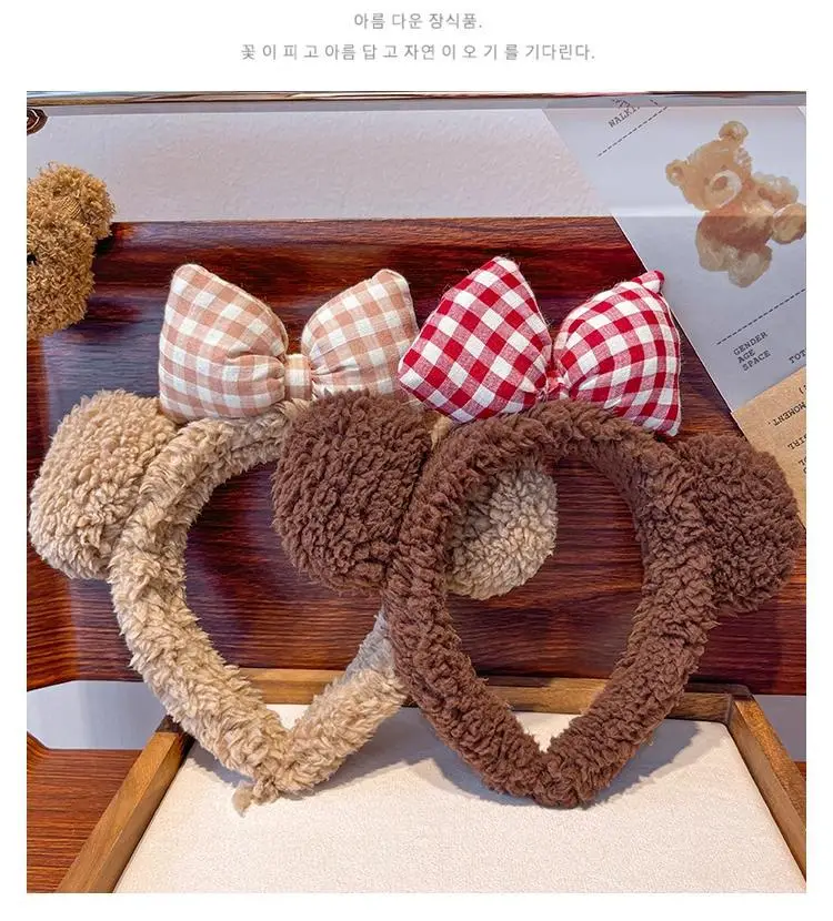 Plush Plaid Bow Bear Headband for Girls — feature 7