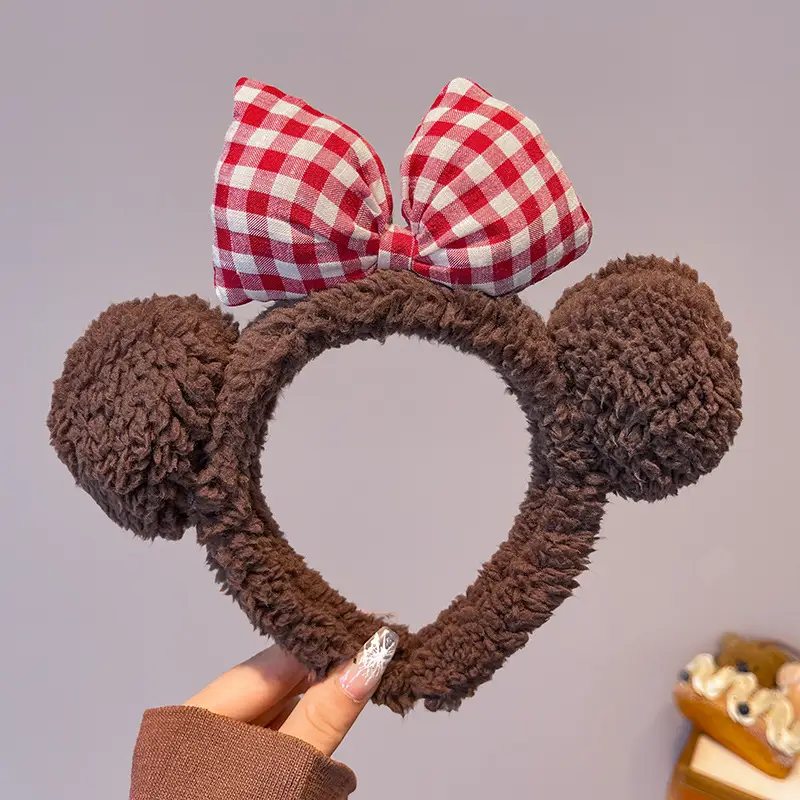 Plush Plaid Bow Bear Headband for Girls