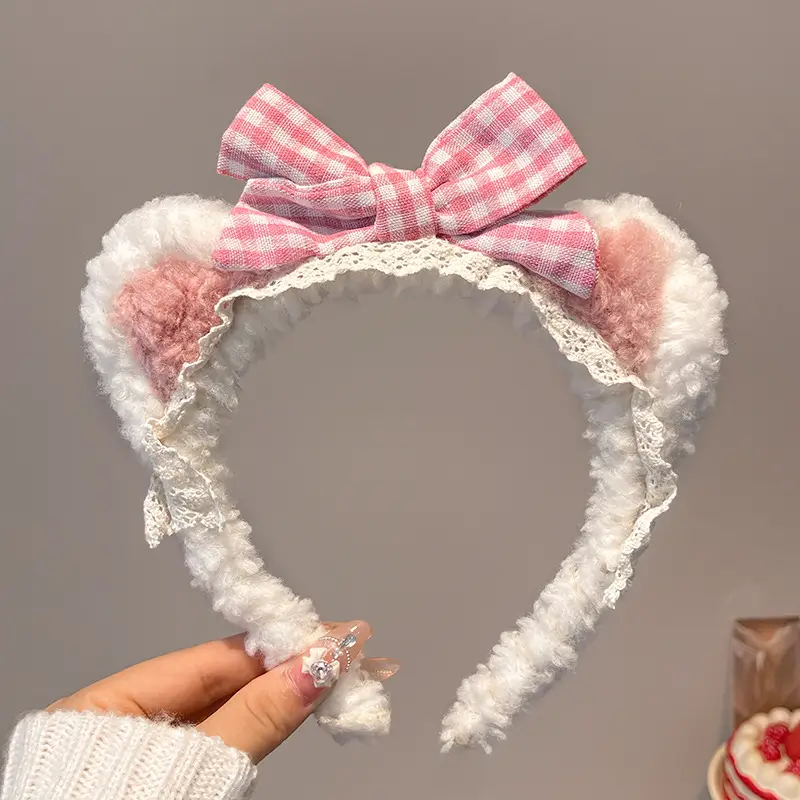 Plush Plaid Bow Bear Headband for Girls