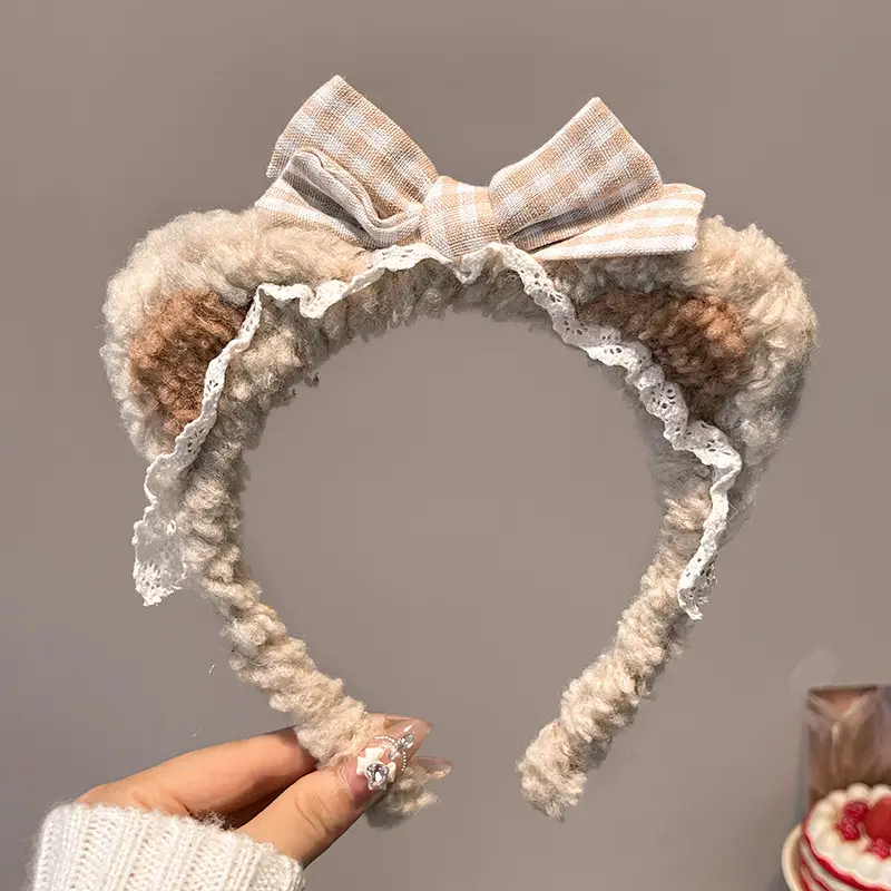 Plush Plaid Bow Bear Headband for Girls