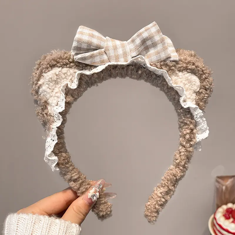 Plush Plaid Bow Bear Headband for Girls
