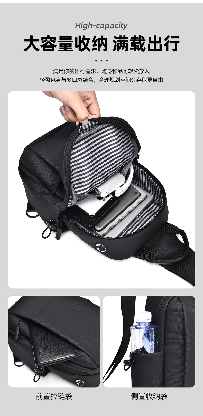Men's Black Casual Crossbody Bag Lightweight Waterproof Travel — feature 6
