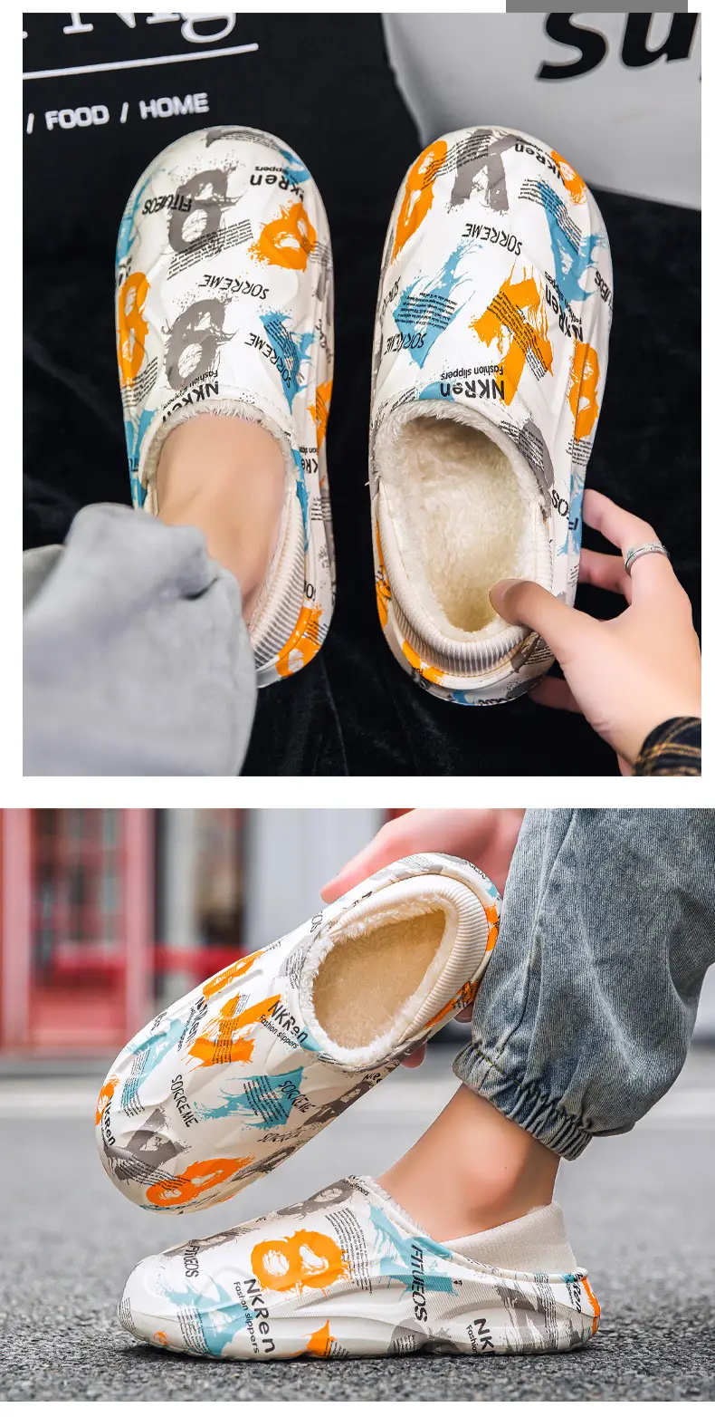 Slippers men's winter bag heel household waterproof fleece-lined warm shit feeling couple's floor slippers home cotton slippers — feature 10