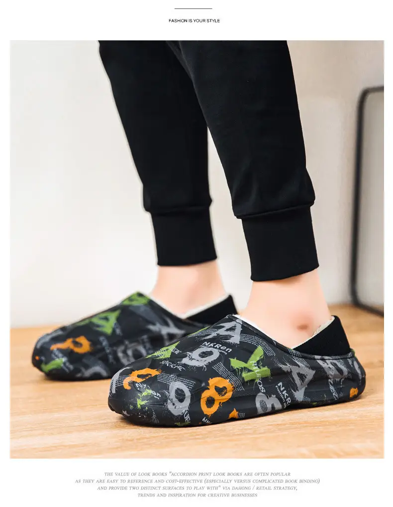 Slippers men's winter bag heel household waterproof fleece-lined warm shit feeling couple's floor slippers home cotton slippers — feature 11