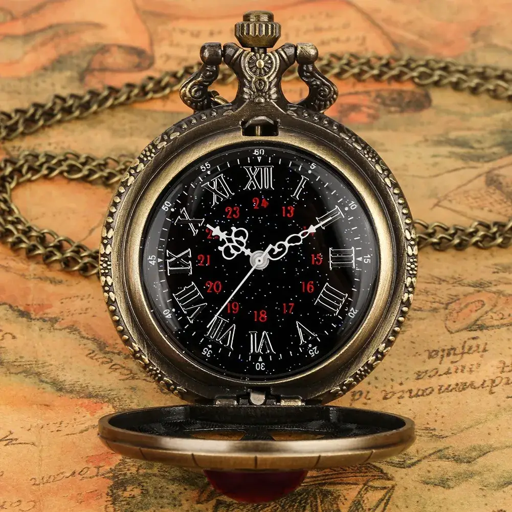 American Quartz Bronze Pocket Watch with White Stone Cross Design