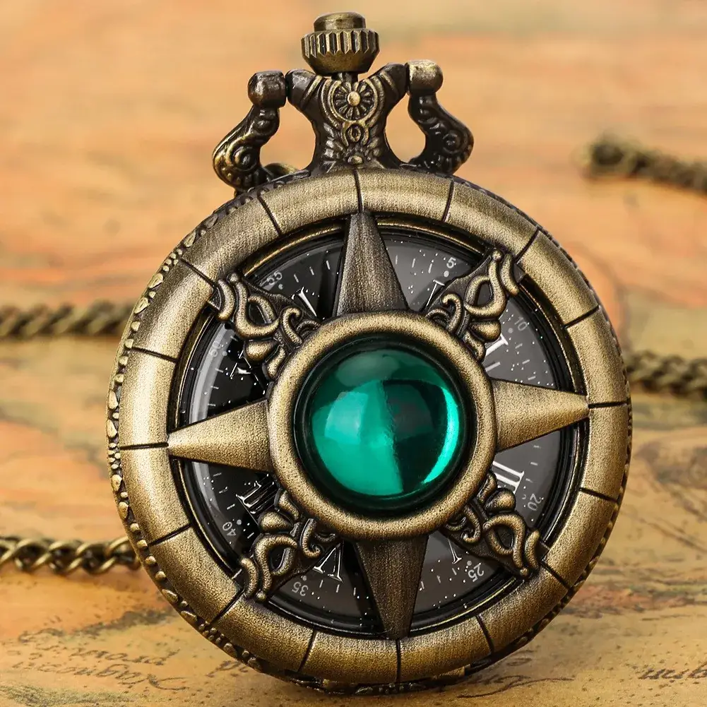 American Quartz Bronze Pocket Watch with White Stone Cross Design