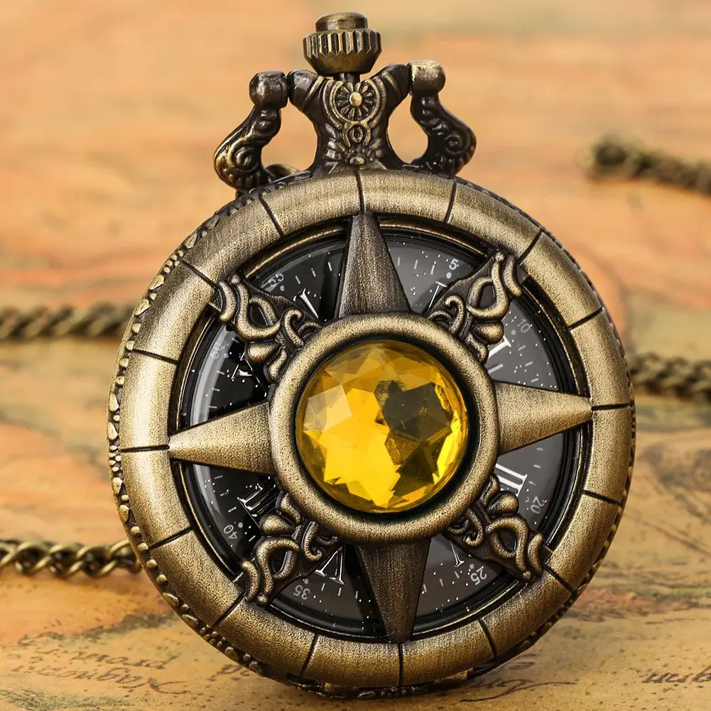 American Quartz Bronze Pocket Watch with White Stone Cross Design — feature 1