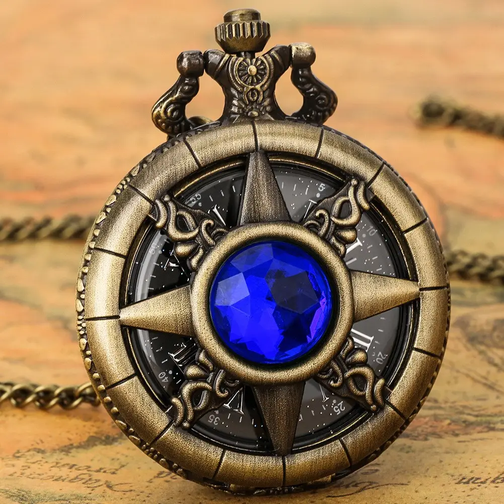 American Quartz Bronze Pocket Watch with White Stone Cross Design — feature 3