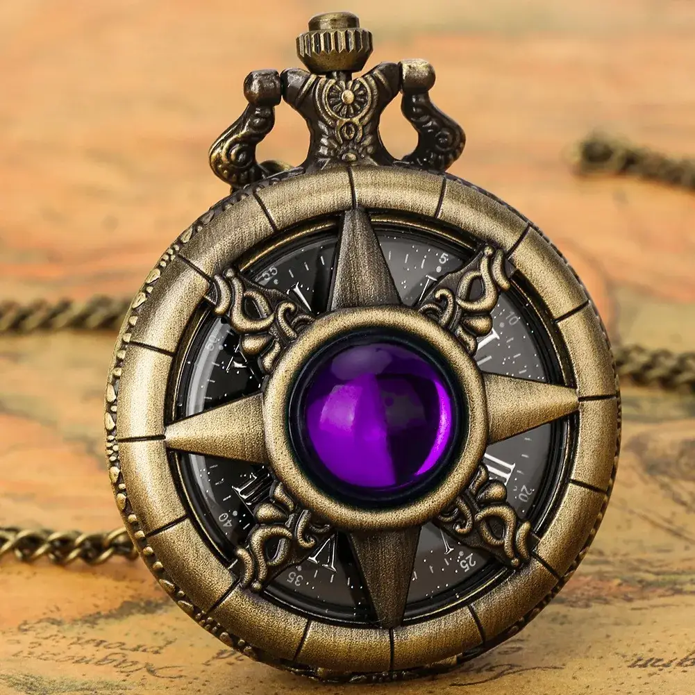 American Quartz Bronze Pocket Watch with White Stone Cross Design