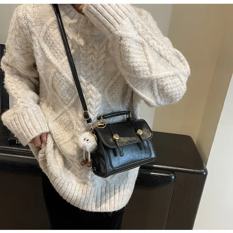 Women's Black Leather Shoulder Bag with Gold Plated Handles — feature 17