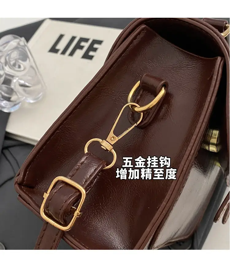 Women's Black Leather Shoulder Bag with Gold Plated Handles — feature 9