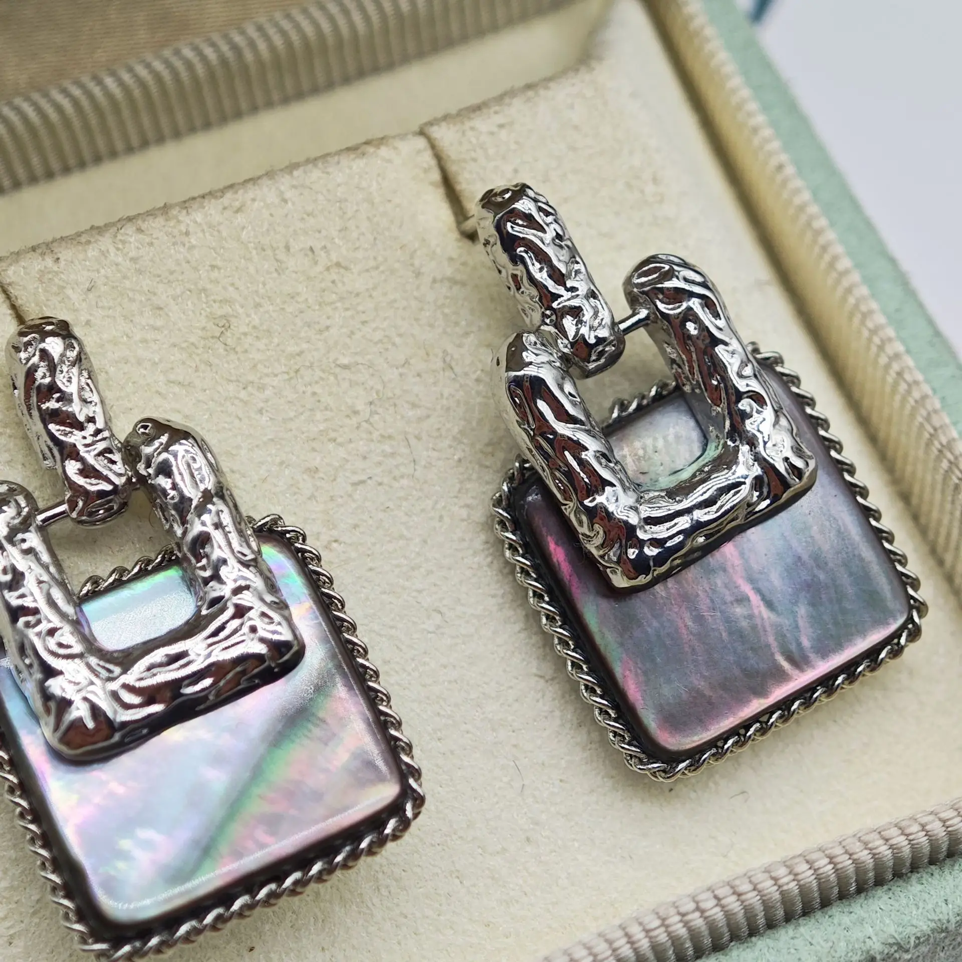 Vintage Square Pearl Earrings High Fashion Silver - Image 5