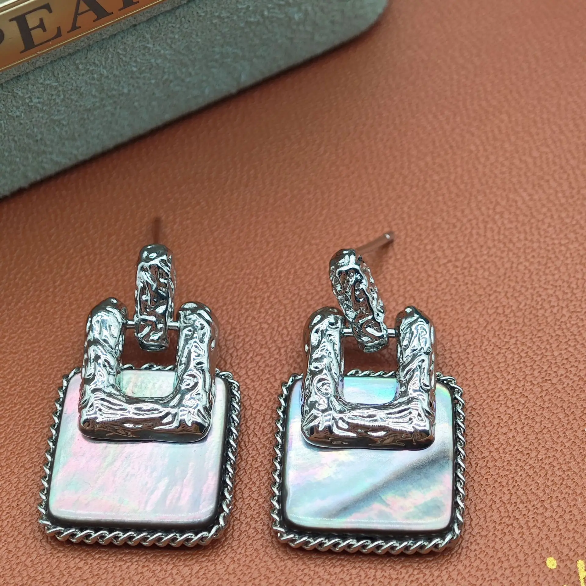 Vintage Square Pearl Earrings High Fashion Silver - Image 3