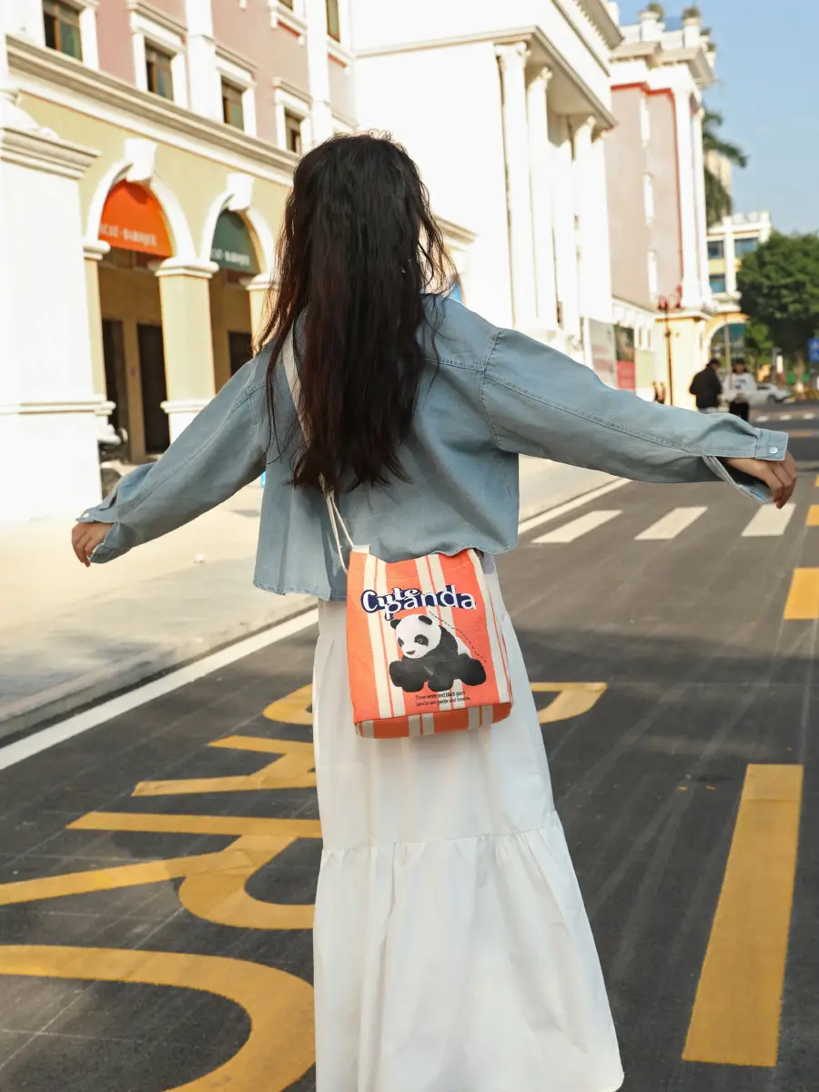 Cute Panda Printed Canvas Shoulder Bag Orange - Image 5