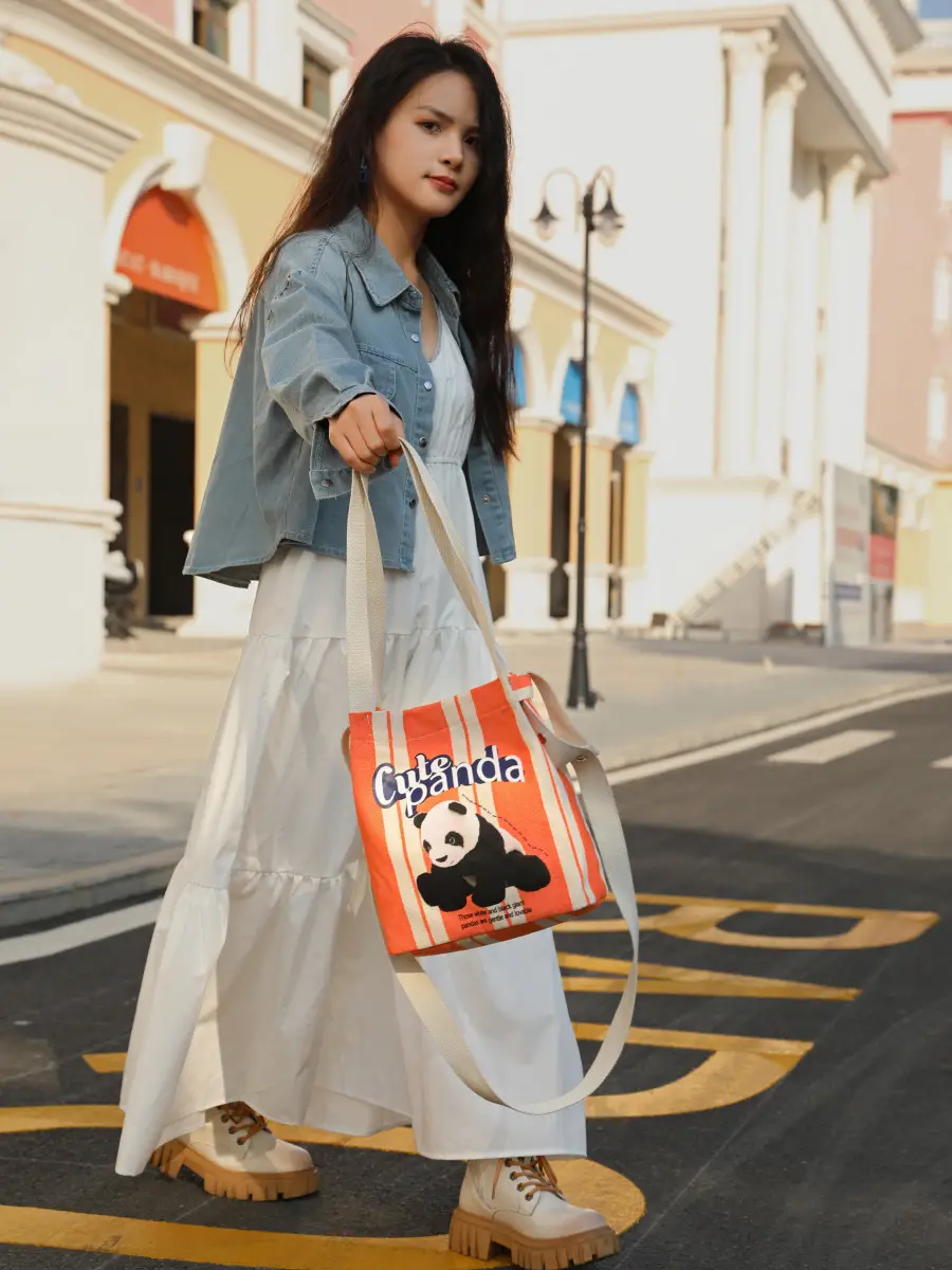 Cute Panda Printed Canvas Shoulder Bag Orange - Image 6