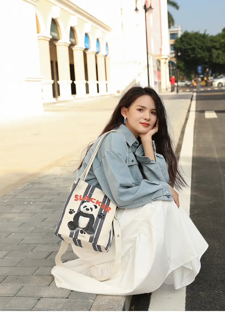 Cute Panda Printed Canvas Shoulder Bag Orange — feature 10