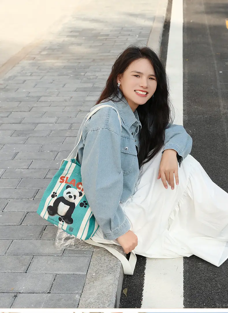 Cute Panda Printed Canvas Shoulder Bag Orange — feature 11