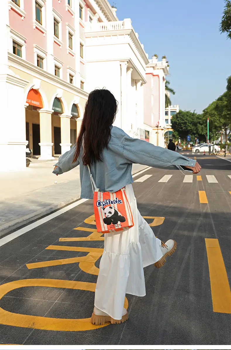 Cute Panda Printed Canvas Shoulder Bag Orange — feature 13