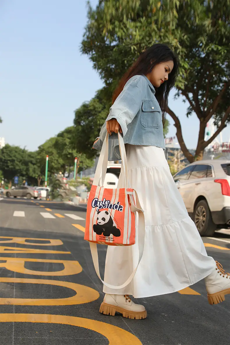 Cute Panda Printed Canvas Shoulder Bag Orange — feature 15