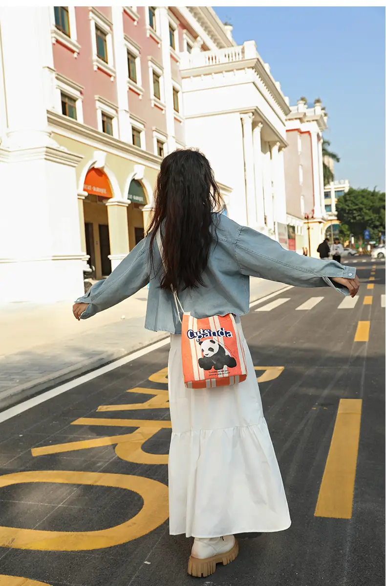 Cute Panda Printed Canvas Shoulder Bag Orange — feature 16