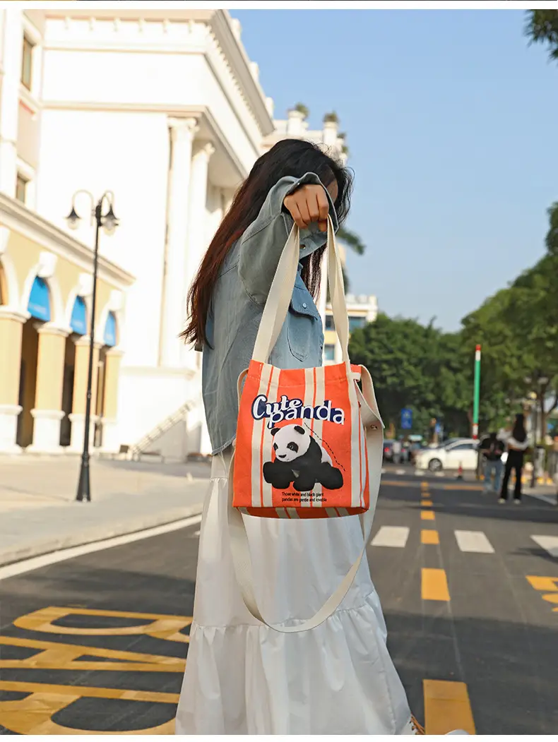 Cute Panda Printed Canvas Shoulder Bag Orange — feature 17