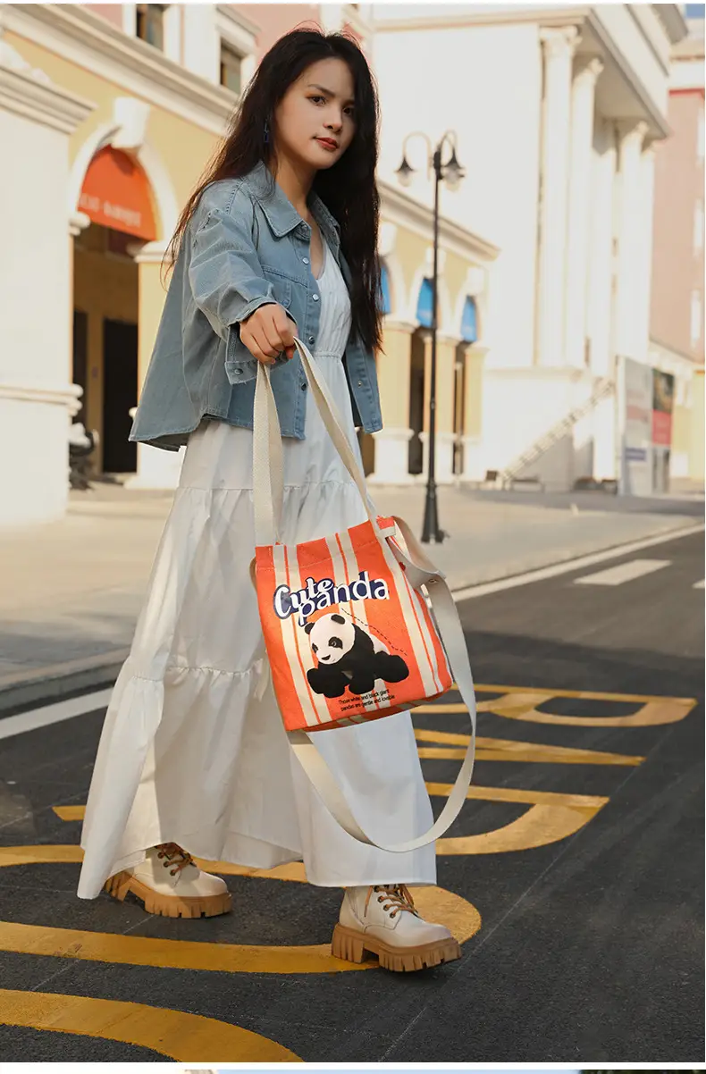 Cute Panda Printed Canvas Shoulder Bag Orange — feature 18