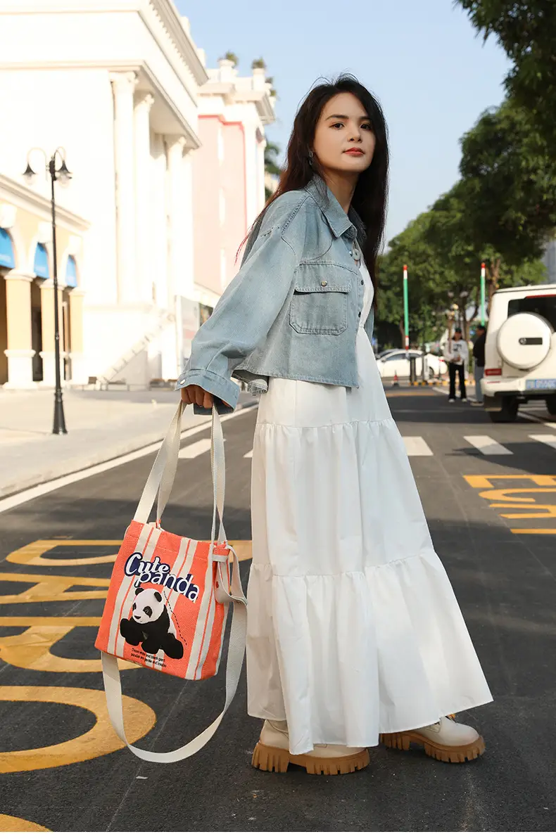 Cute Panda Printed Canvas Shoulder Bag Orange — feature 19