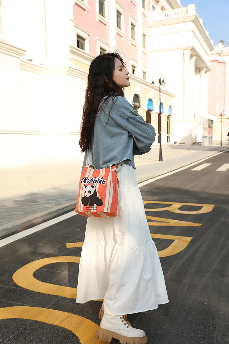 Cute Panda Printed Canvas Shoulder Bag Orange — feature 20