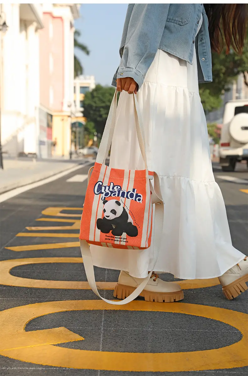 Cute Panda Printed Canvas Shoulder Bag Orange — feature 21