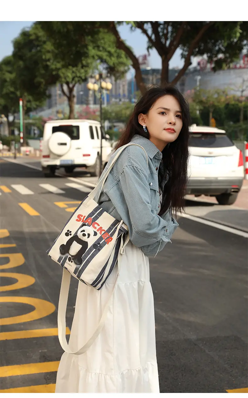 Cute Panda Printed Canvas Shoulder Bag Orange — feature 9